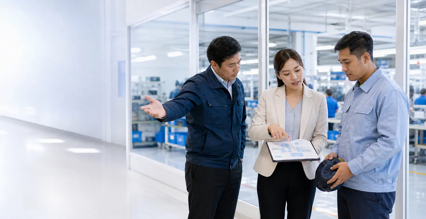 Human Capitalの支援担当者が、企業担当者と外国人材の職場受入れ計画を確認し、配属準備を進めている様子