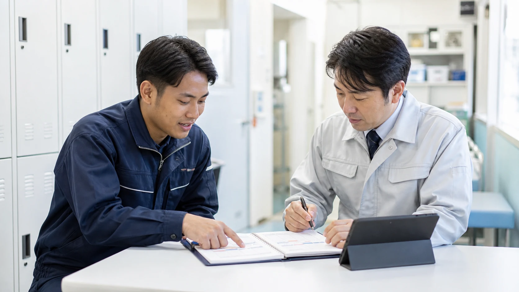 外国人スタッフと日本人担当者が、勤務予定や生活・仕事のルールを資料とタブレットで確認している様子