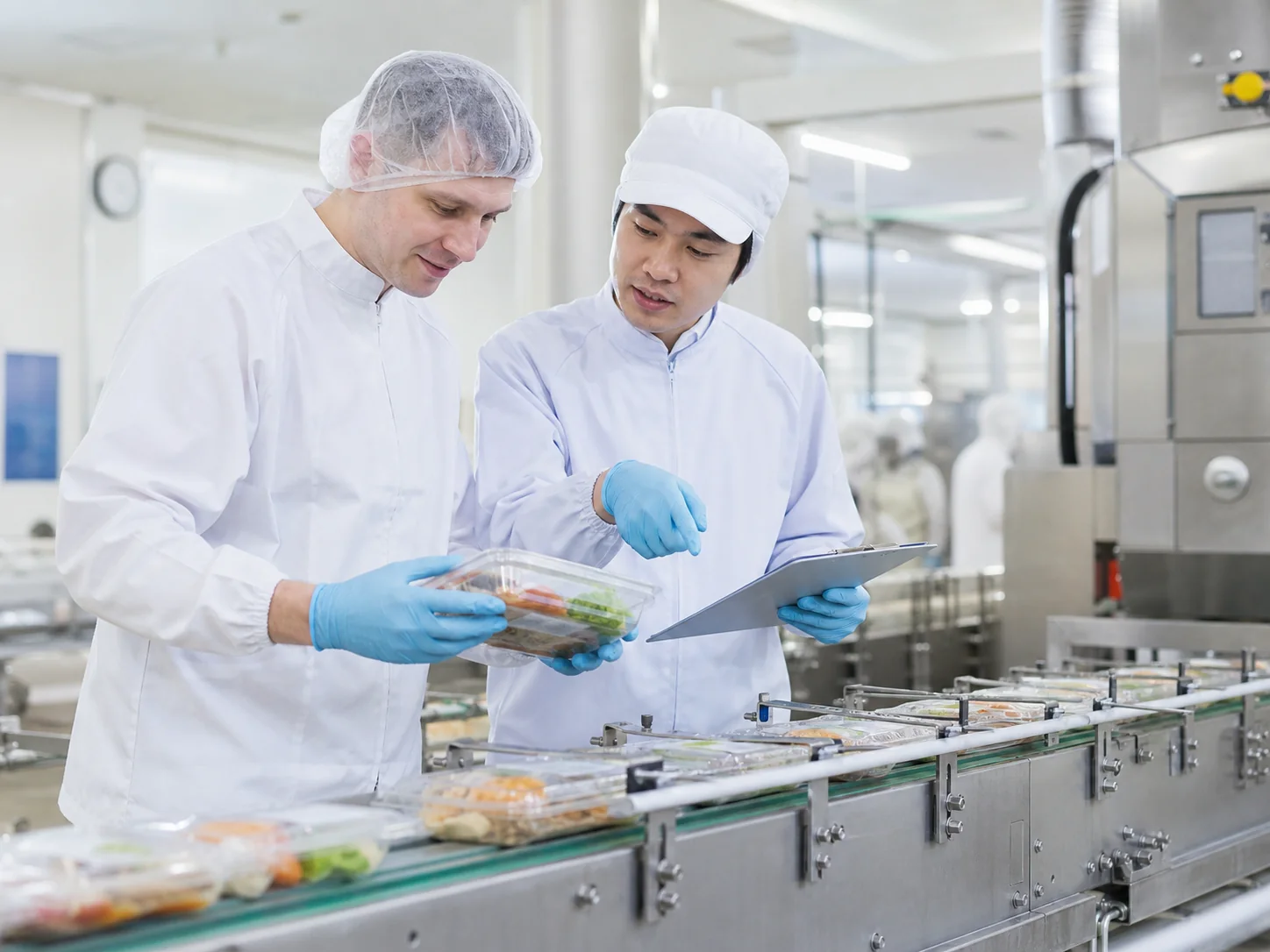 飲食料品製造の現場で外国人スタッフと担当者が品質を確認している様子
