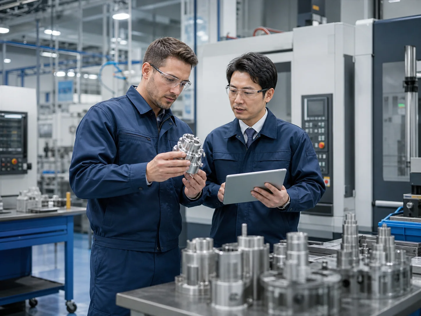 工業製品製造の現場で外国人スタッフと担当者が部品を確認している様子