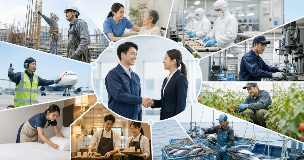 特定技能で外国人材を受け入れられる多様な業種を示す図解