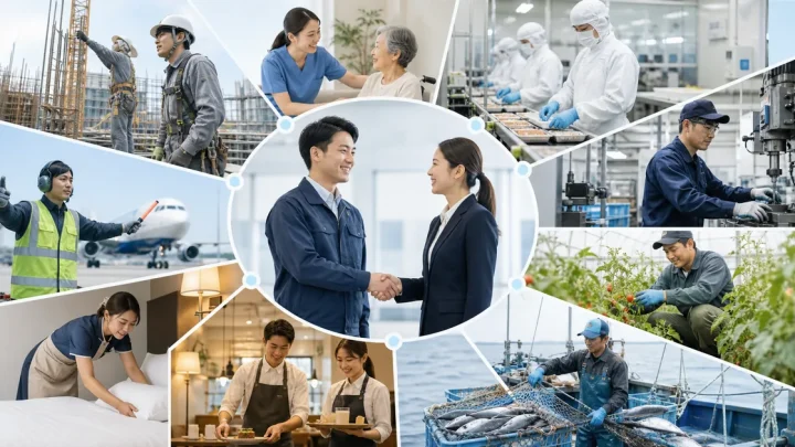 特定技能で外国人材を受け入れられる多様な業種を示す図解