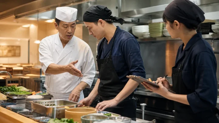 飲食店厨房で調理と衛生管理を連携する日本人料理人と外国人材