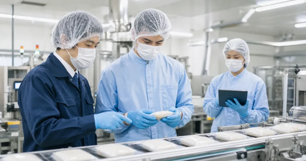 食品製造ラインで衛生と包装品質を確認する日本人担当者と外国人材