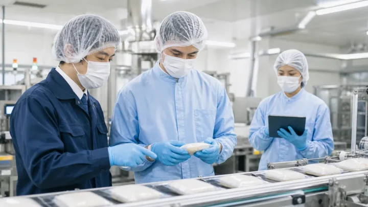 食品製造ラインで衛生と包装品質を確認する日本人担当者と外国人材
