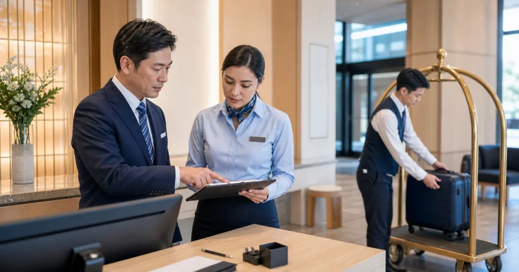 ホテルのフロント業務と客室準備を連携確認するスタッフ