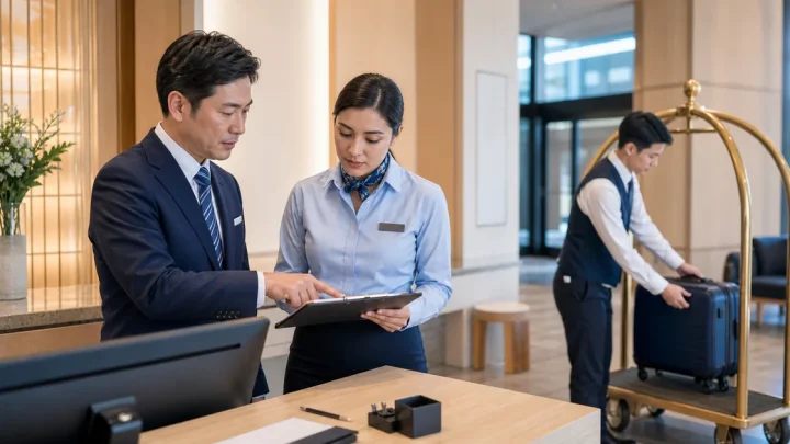 ホテルのフロント業務と客室準備を連携確認するスタッフ