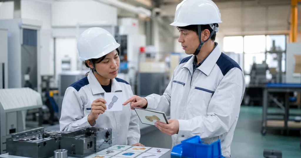 職場の作業説明を日本語と図で確認する外国人材と日本人担当者