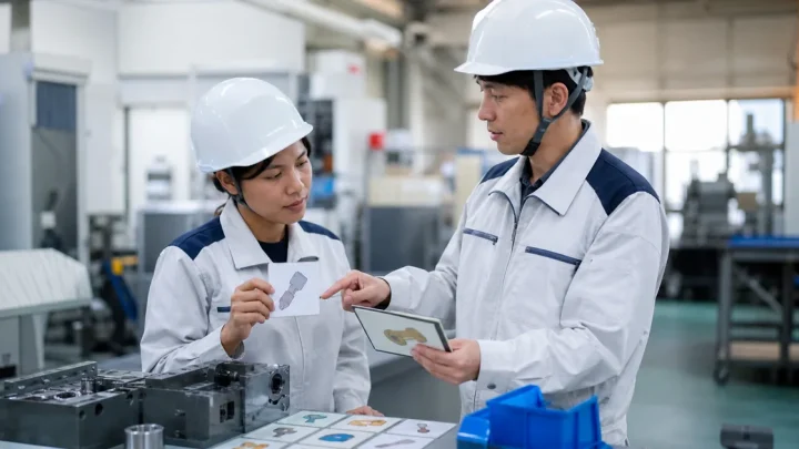 職場の作業説明を日本語と図で確認する外国人材と日本人担当者