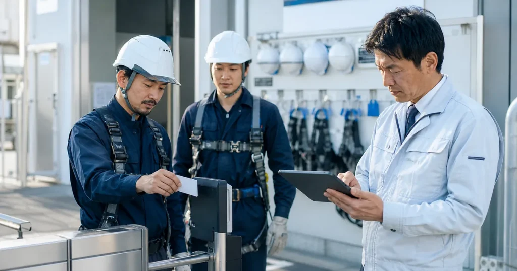 建設キャリアアップシステムで就業履歴を確認する建設技能者と現場担当者