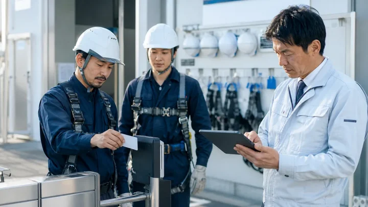 建設キャリアアップシステムで就業履歴を確認する建設技能者と現場担当者